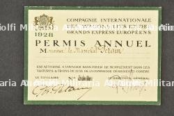 Carte de circulation du Maréchal Pétain pour les trains et voitures Pullman. Marshal Pétain’s Travel Pass for Trains and Pullman Cars