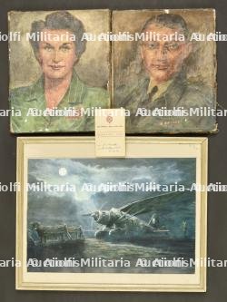 Paire de portraits d'un officier anglais et son épouse et un lithographie