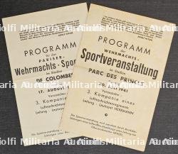 DEUX RARES PROGRAMMES BILINGUES DE REUNIONS SPORTIVES DE LA WEHRMACHT AU PARC DES PRINCES ET AU SATDE DE COLOMBES