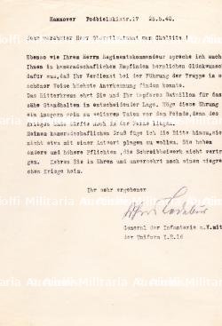 LETTRES DU GENERAL D’INFANTERIE FREIHERR VON LEDEBUR(1868-1951) ET DIETRICH VON CHOLTITZ(1894-1966), DERNIER KOMMANDANT DU GROSS-PARIS — photo 1