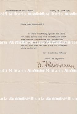 COURRIER DU GÉNÉRAL BARCKHAUSEN FRANZ (1882-1956) À MADAME AUFFERMANN. PARIS LE 25 JUIN 1943. — photo 1
