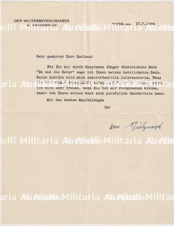 LETTRE MILITÄRBEFEHLSHABER IN FRANKREICH CARL-HEINRICH VON STULPNAGEL , PARIS, 17-07-1944