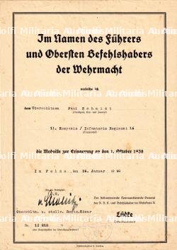 DIPLÔME DE LA MÉDAILLE DU SOUVENIR DU 1er OCTOBRE 1938 , MEDAILLE ZU ERINNERUNG AN DEN 1.OKTOBER 1938 , DIETRICH VON CHOLTITZ , EN CAMPAGNE, 26-06-1940 — photo 1