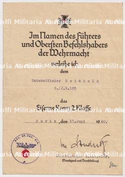 DIPLÔME DE LA CROIX DE FER 2è CLASSE , EISERNEKREUZ 2.KLASSE , VON STUDNITZ , PARIS, 17-06-1940 — photo 1