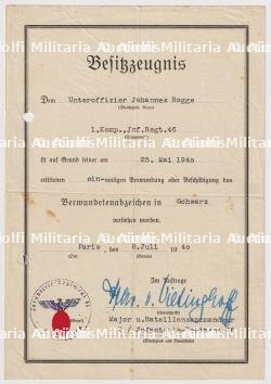 DIPLÔME DE L'INSIGNE DES BLESSES EN NOIR , VERWUNDETENABZEICHEN IN SCHWARZ , FREIHER VON VITINGHOFF , PARIS, 08-07-1940.