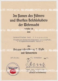 DIPLÔME DE LA CROIX DU MÉRITE DE GUERRE 2è CLASSE AVEC ÉPÉES , KRIEGSVERDIENSTKREUZ 2.KLASSE MIT SCHWERTEN , SPERRLE , PARIS, 12-11-1940 — photo 1