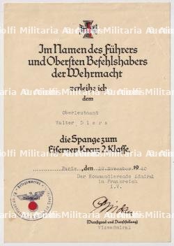 DIPLÔME DU RAPPEL 1939 DE LA CROIX DE FER 2.KLASSE 1914 , SPANGE ZUM EISERNENKREUZ 2. KLASSE , KARL-GEORG SCHUSTER , PARIS, 12-11-1940 — photo 2