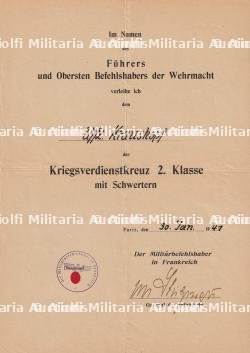 DIPLÔME DE LA CROIX DU MÉRITE DE GUERRE 2è CLASSE AVEC ÉPÉES , KRIEGSVERDIENSTKREUZ 2.KLASSE MIT SCHWERTEN , VON STULPNAGEL , PARIS, 30-01-1941