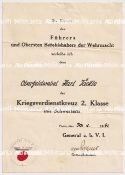DIPLÔME DE LA CROIX DU MÉRITE DE GUERRE 2è CLASSE AVEC ÉPÉES , KRIEGSVERDIENSTKREUZ 2.KLASSE MIT SCHWERTEN , VON ROQUES , PARIS, 30-01-1941