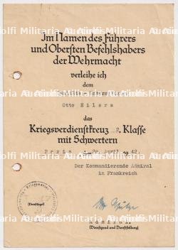 DIPLÔME DE LA CROIX DU MÉRITE DE GUERRE 2è CLASSE AVEC ÉPÉES , KRIEGSVERDIENSTKREUZ 2.KLASSE MIT SCHWERTEN , OTTO SCHÜLTZE , PARIS, 20-04-1942