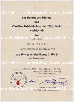 DIPLÔME DE LA CROIX DU MÉRITE DE GUERRE 2è CLASSE AVEC ÉPÉES , KRIEGSVERDIENSTKREUZ 2.KLASSE MIT SCHWERTEN , VON STULPNAGEL , PARIS, 20-04-1942 — photo 1