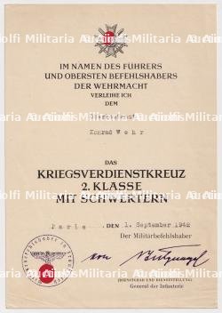 DIPLÔME DE LA CROIX DU MÉRITE DE GUERRE 2è CLASSE AVEC ÉPÉES , KRIEGSVERDIENSTKREUZ 2.KLASSE MIT SCHWERTEN , VON STULPNAGEL , PARIS, 01-09-1942