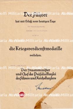 DIPLÔME DE LA MÉDAILLE CIVIL DU MÉRITE DE GUERRE, KRIEGSVERDIENTSMEDAILLE , OTTO MEISSNER , BERLIN, 30-01-1943