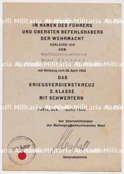 DIPLÔME DE LA CROIX DU MÉRITE DE GUERRE 2è CLASSE AVEC ÉPÉES , KRIEGSVERDIENSTKREUZ 2.KLASSE MIT SCHWERTEN, MIT WIRKUNG VOM 20-04-1943 , MARSHALL , PARIS, 30-03-1943