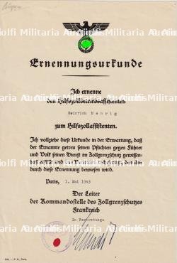 DIPLÔME DE NOMINATION D’ASSITANT D’AUXILLIAIRE DE LA DOUANE , ERNENNUNGSURKUNDE ZUM HILFZOLLASSISTENTEN , PARIS, 01-05-1943