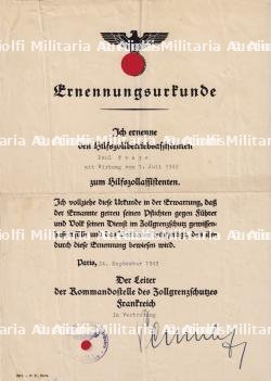 DIPLÔME DE NOMINATION D’ASSITANT D’AUXILLIAIRE DE LA DOUANE , ERNENNUNGSURKUNDE ZUM HILFZOLLASSISTENTEN (WIRKUNG 1-07-1943) , PARIS, 24-09-1943 — photo 1