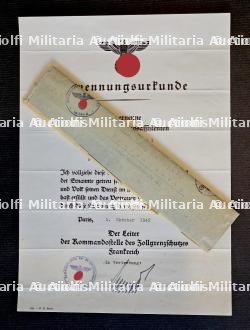 DIPLÔME DE NOMINATION D’ASSITANT D’AUXILLIAIRE DE LA DOUANE AVEC ENVELOPPE D’ORIGINE , ERNENNUNGSURKUNDE ZUM HILFZOLLASSISTENTEN , PARIS, 01-10-1942