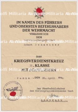 DIPLÔME DE LA CROIX DU MÉRITE DE GUERRE 2è CLASSE AVEC ÉPÉES , KRIEGSVERDIENSTKREUZ 2.KLASSE MIT SCHWERTEN , KRANCKE , PARIS, 20-04-1944 — photo 1