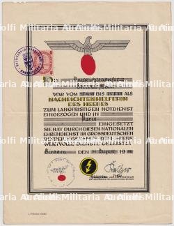 DIPLÔME DE RECONNAISSANCE COMME AUXILIAIRE DE L'ARMÉE ALLEMANDE À PARIS (NACHRICHTENHELFERIN DES HEERES) À PARIS DU 15-04-1943 AU 31-08-1944 , BISSEN, 31-08-1944