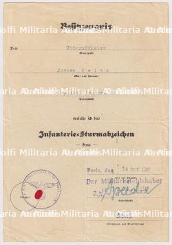 DIPLÔME DE L’INSIGNE DE COMBAT DANS L’INFANTERIE POUR UN MEMBRE DE LA PROPAGANDA ABTEILUNG FRANKREICH , SIGNATURE SPEIDEL , PARIS, 14-09-1941.