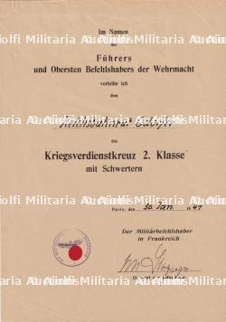 DIPLÔME DE LA CROIX DU MÉRITE DE GUERRE 2è CLASSE AVEC ÉPÉES POUR UN MEMBRE DE LA REICHSBAHN