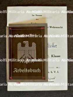 DIPLÔME DE LA CROIX DU MÉRITE DE GUERRE 2è CLASSE AVEC ÉPÉES POUR UN SOUS-OFFICIER , SIGNATURE VON ROQUES, PARIS, 30-01-1941 + ARBEITSBUCH — photo 1
