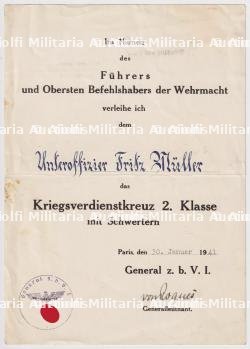 DIPLÔME DE LA CROIX DU MÉRITE DE GUERRE 2è CLASSE AVEC ÉPÉES POUR UN SOUS-OFFICIER , SIGNATURE VON ROQUES, PARIS, 30-01-1941 + ARBEITSBUCH — miniature 3