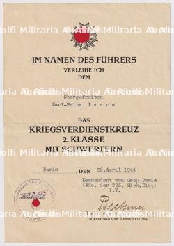 DIPLÔME DE LA CROIX DU MÉRITE DE GUERRE 2è CLASSE AVEC ÉPÉES POUR UN CAPORAL-CHEF, SIGNATURE BREHMER , PARIS, 20-04-1944