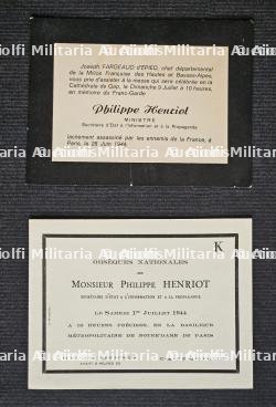 LOT DE DEUX DOCUMENTS SUR LES OBSÈQUES DE PHILIPPE HENRIOT(1889-1944).