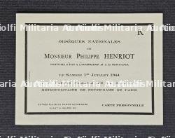 LOT DE DEUX DOCUMENTS SUR LES OBSÈQUES DE PHILIPPE HENRIOT(1889-1944). — miniature 2
