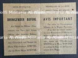 RARE AFFICHE PRÉCOCE DE LA PRÉFECTURE DE LA SEINE ET DE LA PRÉFECTURE DE POLICE SUR LES REQUISITIONS ALLEMANDES À PARIS. 1940