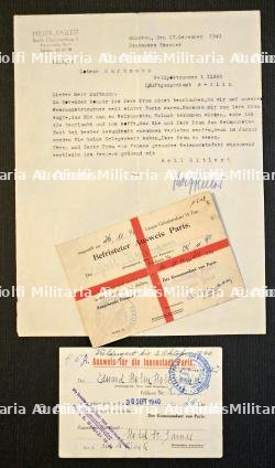 LAISSEZ-PASSER (X2) DE L’ORGANISATION KRAFT DURCH FREUDE (K.D.F) POUR PARIS INTRA-MUROS ET UNE LETTRE POUR DES ARTISTES ALLEMANDS