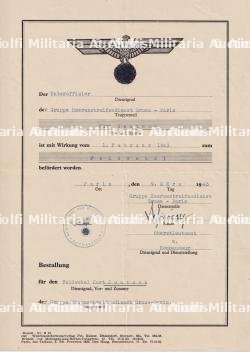 NOMINATION AU RANG DE FELDWEBEL POUR UN MEMBRE DU HEERESSTREIFENDIENST GROSS-PARIS , PARIS 09-03-1943