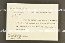 Carte d'accusé de réception du cabinet du Maréchal Pétain — photo 1