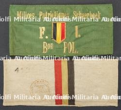 Lot de 2 brassards de resistants, OMBR Saint-Gilles et Milice patriotique de Schaerbeek. Set of two Resistance armbands, OMBR Saint-Gilles and Schaerbeek Patriotic Militia.